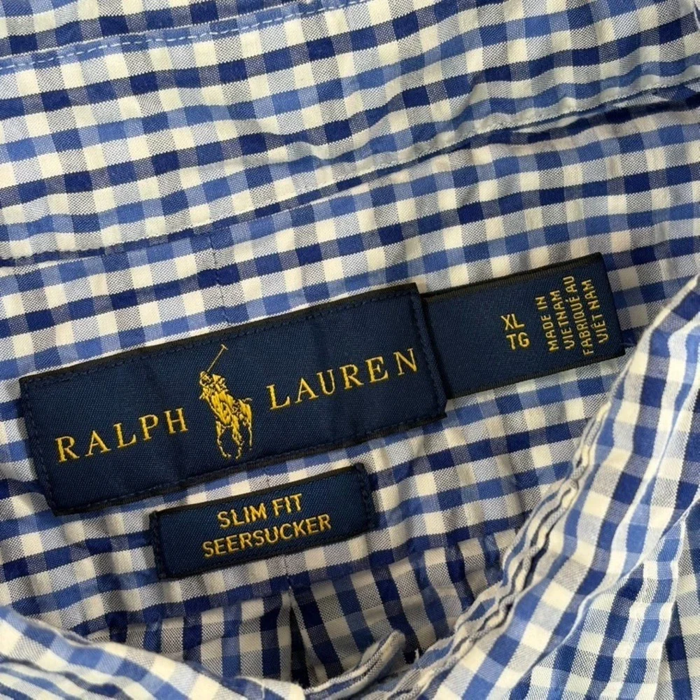 Polo Ralph Lauren Slim Fit Seersucker Shirt in Blue‎ Gingham Check Men XL Pony